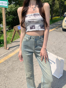 American Retro High Street Yellow Clay Dye Straight Leg Jeans Women High Waist Slim Loose Long Washed out Floor-Length Pants