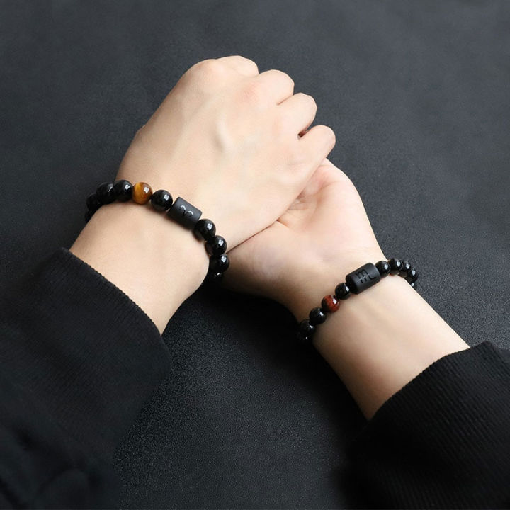 Rockyu Men's Black Onyx Bracelet – 12 Constellations Stretch Beads, Natural Stone Couples Jewelry Gift