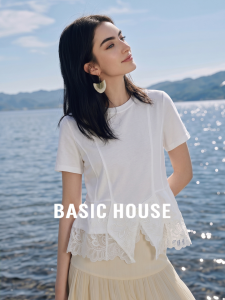 Basic House | Lace Trim Silk Short Sleeve Womens Tee Shirt