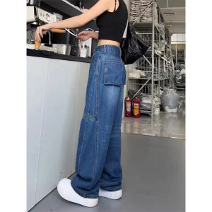 กางเกงยีนส์ทรงหลวมเอวสูงสไตล์อเมริกันย้อนยุคไซส์ใหญ่สำหรับผู้หญิง กางเกงขายาวทรงตรงทรงหลวมสำหรับฤดูใบไม้ผลิและฤดูใบไม้ร่วง