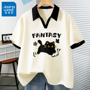 Jeanswest Pure Cotton Polo Shirt Short Sleeve Turn-down Collar T-shirt Womens New Summer Fashion Shoulder-Length Top