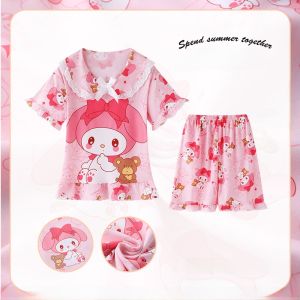 ชุดนอนเด็กผู้หญิงแขนสั้นผ้าฝ้ายแท้บางฤดูร้อน ชุดนอนผ้าฝ้ายเนื้อแน่นลายการ์ตูนน่ารัก ชุดอยู่บ้าน ชุดนอนเด็กผู้หญิง
