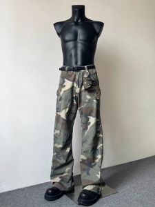 American Retro Camouflage Jeans Mens Loose Fit Bell Bottom Workwear Trendy Vintage Design Multi Pocket Long Cotton Denim