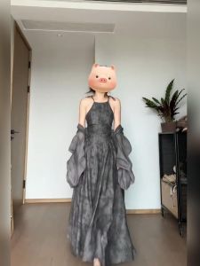 Váy Dài Cổ Treo Phong Cách Trung Hoa Mới Cỡ Lớn Hai Mảnh Cho Nữ Mùa Xuân Hè Thường Ngày Váy Dài Chữ a Cạp Cao Không Tay