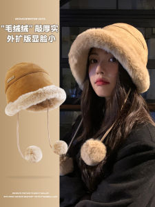 Hat Female Winter Thickened Plush Bonnet Northeast Mongolian Cap Face-Looking Small Warm Fisherman Hat Winter Ear Protection Bucket Hat Tide