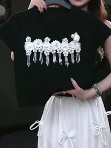 Elegant Short Sleeve T-Shirt Womens Spring Summer Floral Print Top Stylish Matching High Quality European Style Fashionable