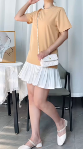 Womens Korean Slim Fit Temperament O-Neck Short Sleeve Pleated Skirt Contrast Color Dresses L7006