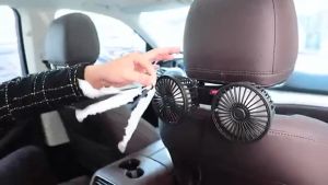 OLOMM 12V 24V Car Fan Double Head 360 Degrees Adjusted USB Charge Three Speed Control Universal Car Headrest Back Seat Fan
