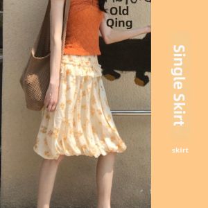 YUEZHONGWEI | Youthful Off-Shoulder Orange Flower Print Top and Skirt Set