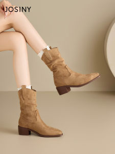 Josiny | Thick Heel Cowgirl Pointed Toe Ankle Boots for Short Women