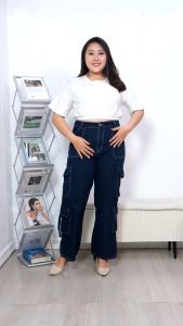 Celana Cargo Jeans Wanita 6 Kantong Depan Big size