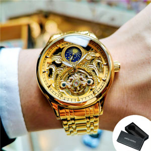 AOKULASIC | AOKULASIC Gold Retro Automatic Watch for Men Moon Phase Tourbillon Skeleton Luminous Hands Luxury Mechanical Watches Steel Strap