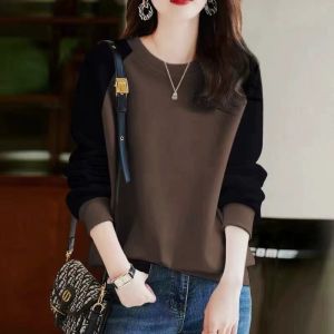 Foreign Trade Womens Clothing Big Sale Spring & Fall New Arrival Pure Cotton Undershirt Sweater Womens Western Style Contrast Color Loose Slimming Long Sleeve Top