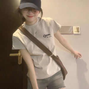 Summer Pure Cotton Short Sleeve T-Shirt Womens 2025 New Design Shoulder Line American Retro Short Half Sleeve Top