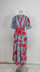 Áo Váy Nữ Thanh Lịch Phong Cách Châu Âu - Mẫu Mới 2025 Cổ V In Hoa Dây Rút Viền Váy Rộng Bay Bổng Đi Làm Hẹn Hò