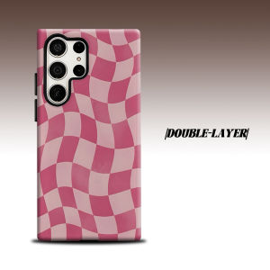 wavy pink checkered For Samsung Galaxy S26 S25 S24 A56 A36 Dual Layer Luxury Fashion Full Lens Protective Case