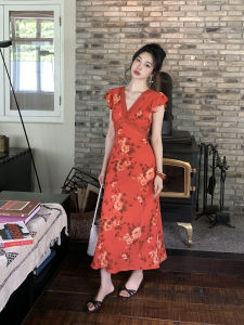 SYT Elegant Lace Splicing Large Flower V-Neck Dress Womens 2025 Autumn New Waist Cinching Print Long Dress