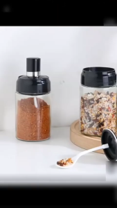 Toples Bumbu Kering dan Botol Minyak Kaca Tempat Bumbu Dapur Sekat 4 Plastik With Sendok