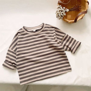 Spring Autumn Pure Cotton Long Sleeve Striped T-Shirt for Kids Baby Loose Base Layer Top Boys Girls Korean Style round Neck