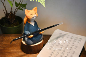 Handcrafted Wooden Sculpture Desktop Decoration Meditation Cat Gift Original Author Cute Animal Style Home Decor Item