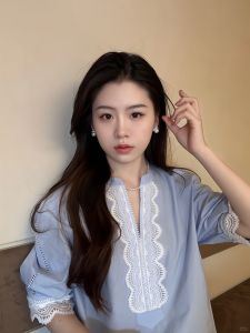 French Vintage Blue Lace Collar Seven-Quarter Sleeve Shirt Women Summer 2025 New Design Sensation Niche Top Fashion Trend