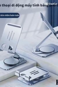 Giá đỡ điện thoại và máy tính bảng K61 360 độ xoay thiết kế kim loại mặt bàn gỗ.