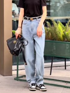 MANMI | Quần Jeans Ôm Cao Thắt Lưng Màu Xanh Nhạt Phong Cách Retro