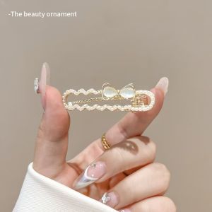 Elegant Cats Eye Stone Butterfly Knot Hair Clip Womens Versatile Summer Side Bangs Alligator Clip Stylish Forehead Duckbill Clip