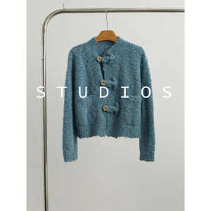 New Chinese Style Knitted Sweater with Button Circle Fleece round Neck Open Cardigan Soft Warm Outerwear for Women Autumn Winter