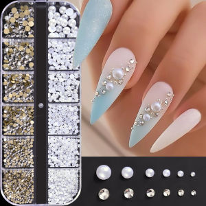 12Grids 3D White Pearls+Clear Rhinestones Nail Charms Mixed-Sizes Flatback PearlGlass Diamond Nail Jewelry DIY Manicure Decor 1