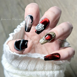 DreamPlanet Original Concept Wearable Nail Art Hand-Painted Cats Eye Gem Autumn Winter Medium-Tone Red Nail Tips for Women