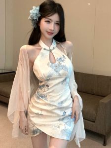 GUZILIAN | New Chinese Style Printed Button Neck Hanging Dress Women Summer National Trend Cheongsam Short Skirt Body Shaping Wrap Around Skirt