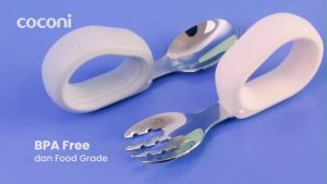 COCONI Eazy Grip Fork & Spoon Stainless Steel Set | Sendok Garpu Belajar Makan Anak Bayi MPASI Silicone Stainless