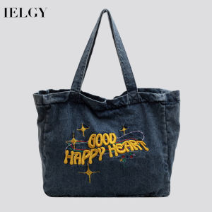 IELGY ฉบับภาษาเกาหลีกระเป๋าทรงสี่เหลี่ยมมีหูหิ้วสะพายไหล่ของผู้หญิงผ้าเดนิมความจุขนาดใหญ่กระเป๋าสะพายไหล่เดินทางชั้นเรียน