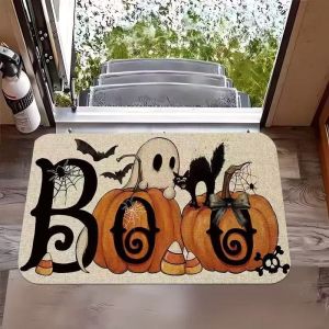 VIKAMA Vintage Cute Boo Ghost Halloween Doormat Pumpkin Black Cat Bat Non Slip Rug for Front Door Entryway Fall Holiday Decor