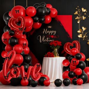 113-Piece Black and Red Valentines Day Balloon Arch Kit Red Love Heart Aluminum Foil Balloons with Black Bow Ribbons for Valentines Day Parties Proposal Parties Weddings and Birthday Party Decorations