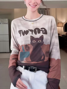 Ladies Long Sleeve Mesh T-Shirt Cat Print Inner Wear Base Shirt Fashionable Ageless Spring Autumn New Style Korean Style Top