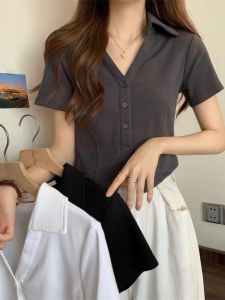 Summer Short Sleeve Polo Neck T-Shirt Womens Fashion Asymmetric Design Pure Color Commute Style Korean Version Cotton Top