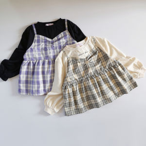 Orders Exported to Japan Girls Spring/Summer Long sleeves Shirt Western Style Plaid round Neck Cotton Shirt Girls Skirt Top Shirt