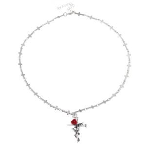 JWER Punk Gothic Red Rose Cross Pendant Necklace For Men Women Vintage Silver Color Thorn Sword Charm Necklace Y2K Jewelry Gifts