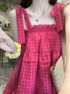 Raspberry Pink Gingham Small Sling Vest Womens Summer Outwear French Sweet Spicy Puffy Sleeveless Tube Top Tops Doll Shirt