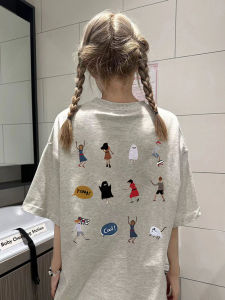 Pure Cotton American Retro Hiphop Trendy Shoulder Short Sleeve T-Shirt Female Niche Design Cartoon Top Ins