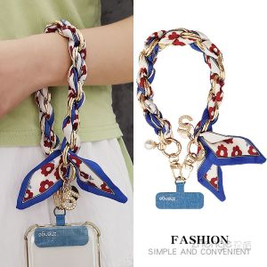 Double Domain Fashionable Silk Scarf Phone Chain with Metal Ring Outdoor Shopping Mobile Phone Case Accessory Durable Loss Prevention