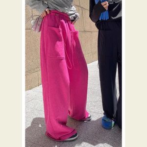High Waist Knitted Wide Leg Pants Floor Length Casual Loose Style Pink Knit Trousers Autumn New Arrival Womens Fashion