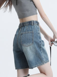 QIAOMIDUO | Summer Thin High Waist Denim Shorts Womens Elastic Waist Five-Quarter Loose Straight Leg Jeans Pants Cotton Blend Light Wash