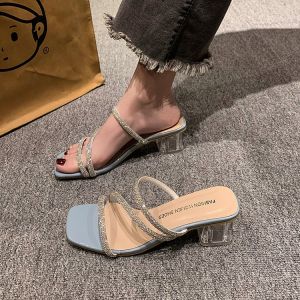 Womens High Heel Crystal Sandals Summer New Outdoor Wear French Transparent Pairing Skirts Crystal Thick Heel Fairy Slippers