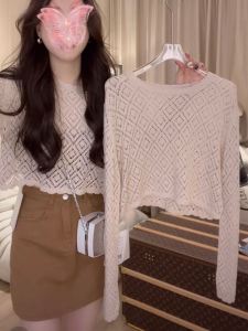 หวาน เสื้อแจ๊กเก็ตแบบกลวงออกบางถักป้องกันแสงแดด หลวม น้ําแข็งสั้น ผ้าไหม ผู้หญิง ฤดูร้อน เสื้อท่อนบน แขนยาวคอกลมครึ่งสูง