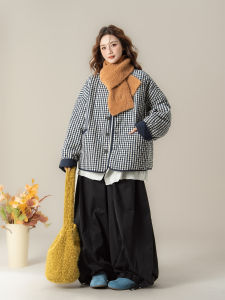 SHANGWEILUO | Retro Plaid Lazy Style Loose Slim Fit Round Neck Long Sleeve Coat Autumn Winter New