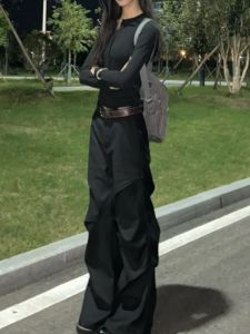 กางเกงทำงานทรงหลวมเอวสูงสไตล์อเมริกันย้อนยุคสำหรับผู้หญิง กางเกงขายาวทรงขาบานแบบยาวพิเศษสำหรับฤดูใบไม้ร่วง