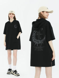 Black T-Shirt Dress Women Summer New Loose American Trendy Brand Mid-Length Hooded Slimming Summer Dress Trendy Casual Style